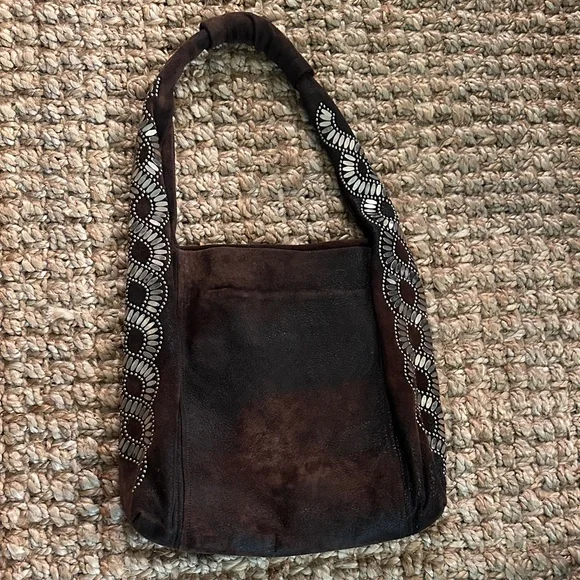 Brown Suede Shoulder Bag with Embellished Strap - Picture 1 of 6